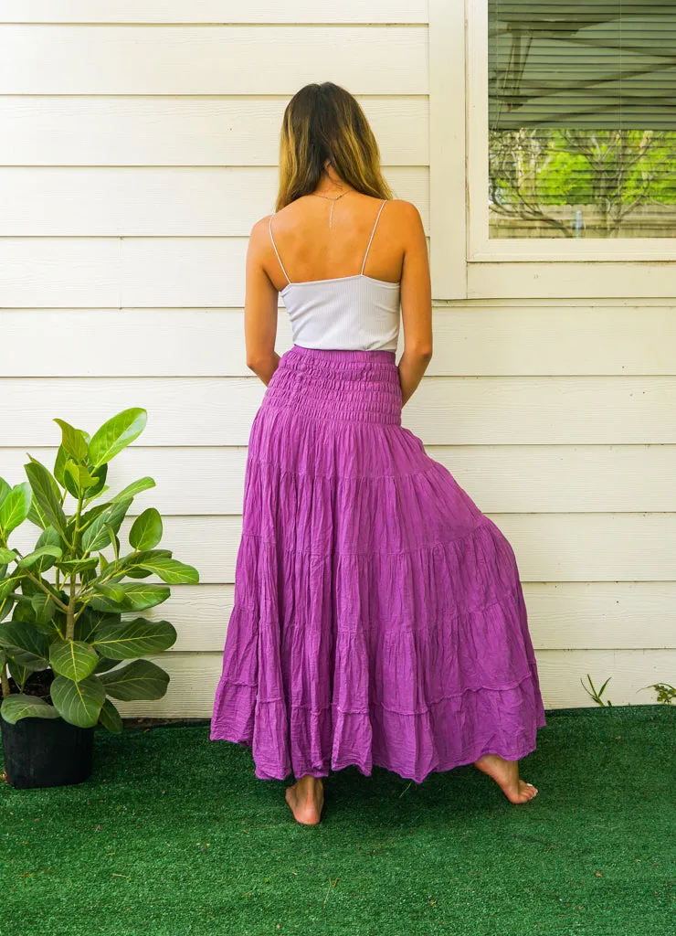 Purple Raw Crinkled Organic Cotton Gauze Tiered Maxi Skirt