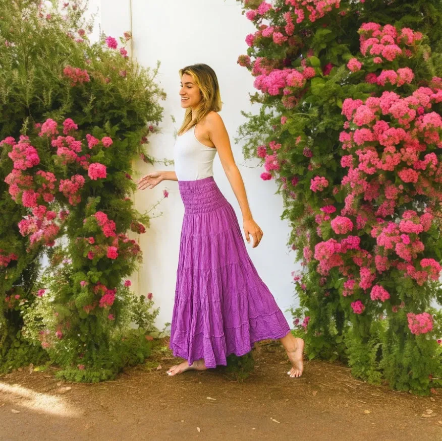 Purple Raw Crinkled Organic Cotton Gauze Tiered Maxi Skirt