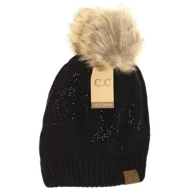 Rhinestone Star Fur Pom CC Beanie in Black