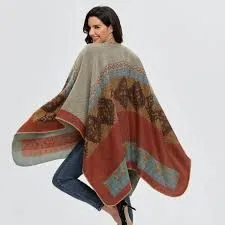 Ruana Rust Turquoise Golden Aztec Poncho Wrap Native Blanket Scarf Faux Cashmere Tribal Print Warm Cotton One Size