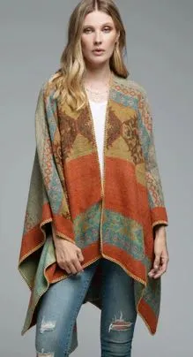 Ruana Rust Turquoise Golden Aztec Poncho Wrap Native Blanket Scarf Faux Cashmere Tribal Print Warm Cotton One Size