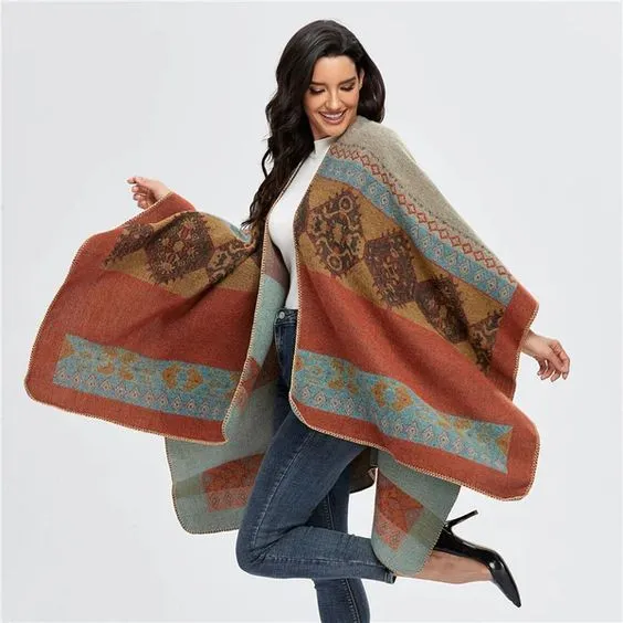 Ruana Rust Turquoise Golden Aztec Poncho Wrap Native Blanket Scarf Faux Cashmere Tribal Print Warm Cotton One Size