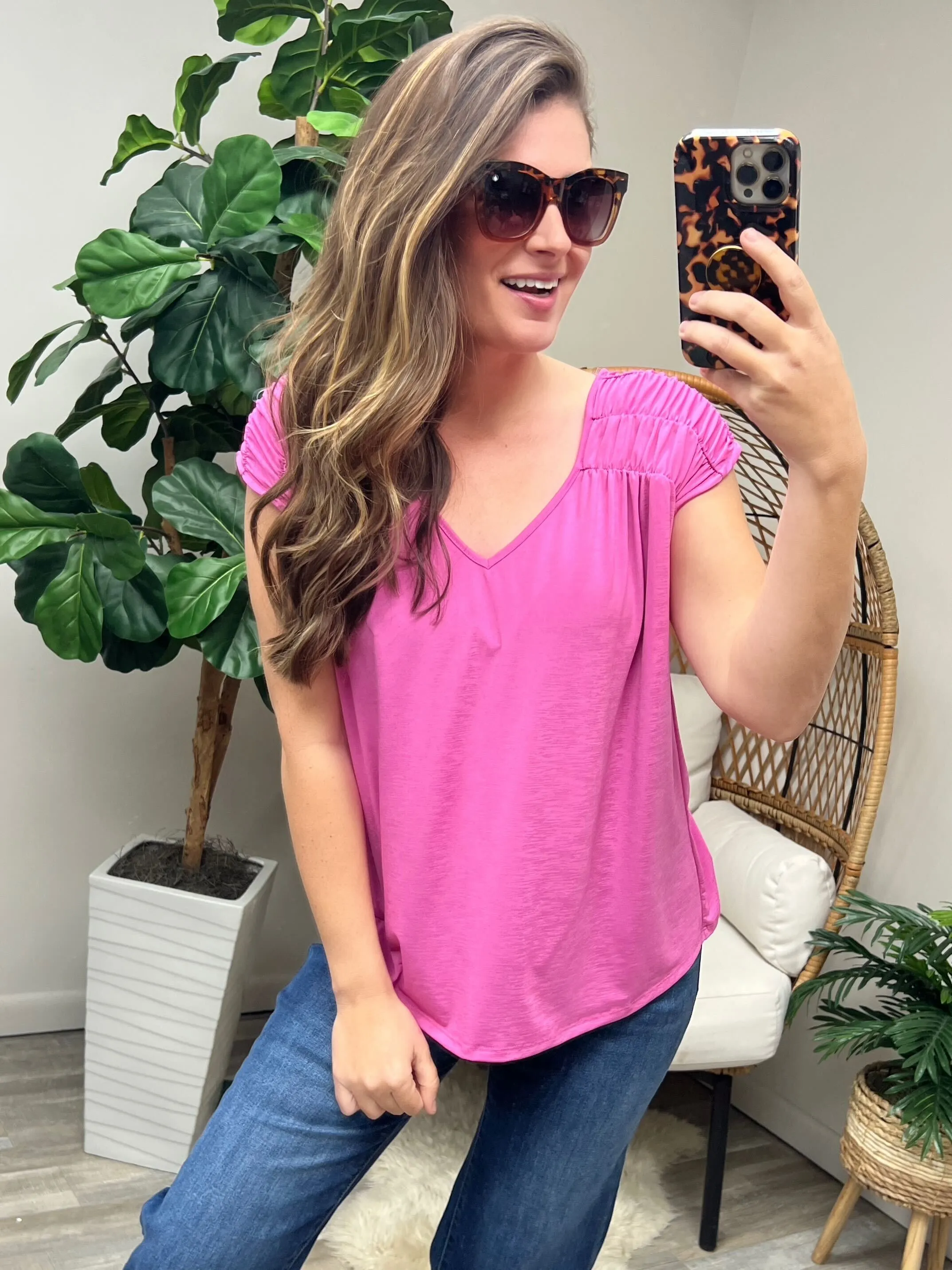 Ruched Cap Sleeve Top in Magenta