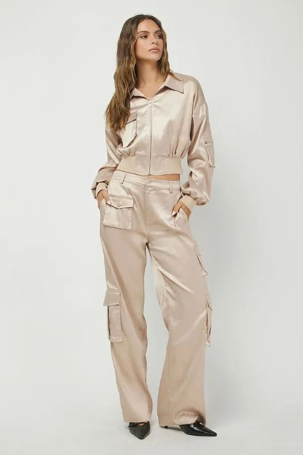 Satin Cropped Bomber Jacket & Cargo Trousers Set