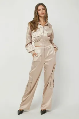 Satin Cropped Bomber Jacket & Cargo Trousers Set