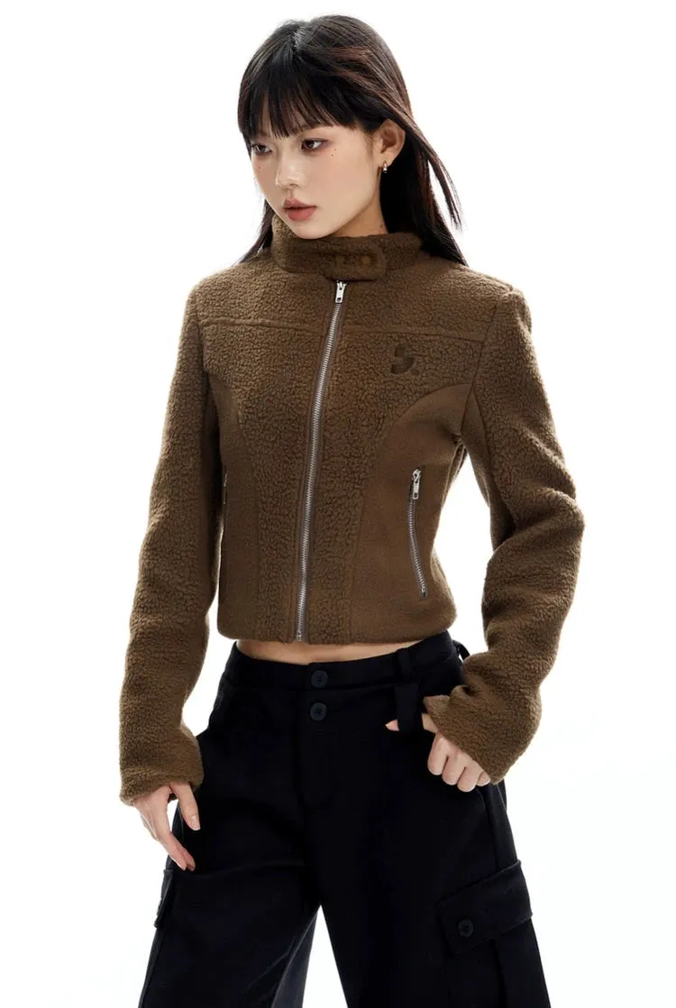 Sherpa Zip-Up High Collar Cropped Jacket