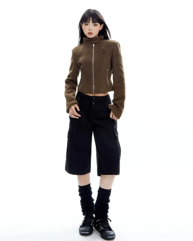 Sherpa Zip-Up High Collar Cropped Jacket