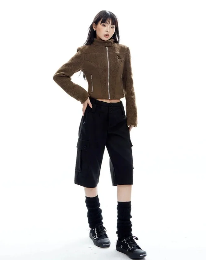 Sherpa Zip-Up High Collar Cropped Jacket