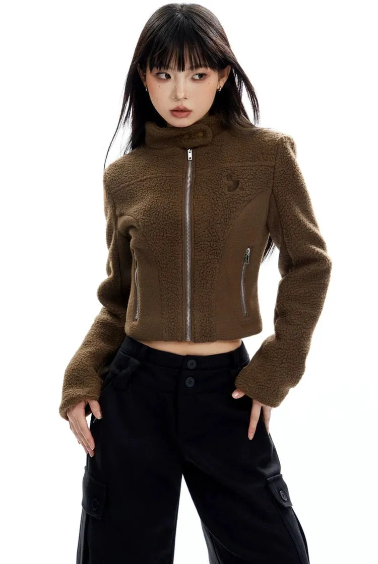 Sherpa Zip-Up High Collar Cropped Jacket