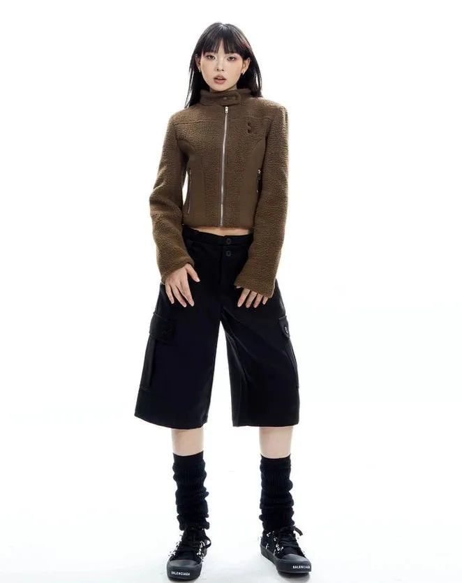 Sherpa Zip-Up High Collar Cropped Jacket