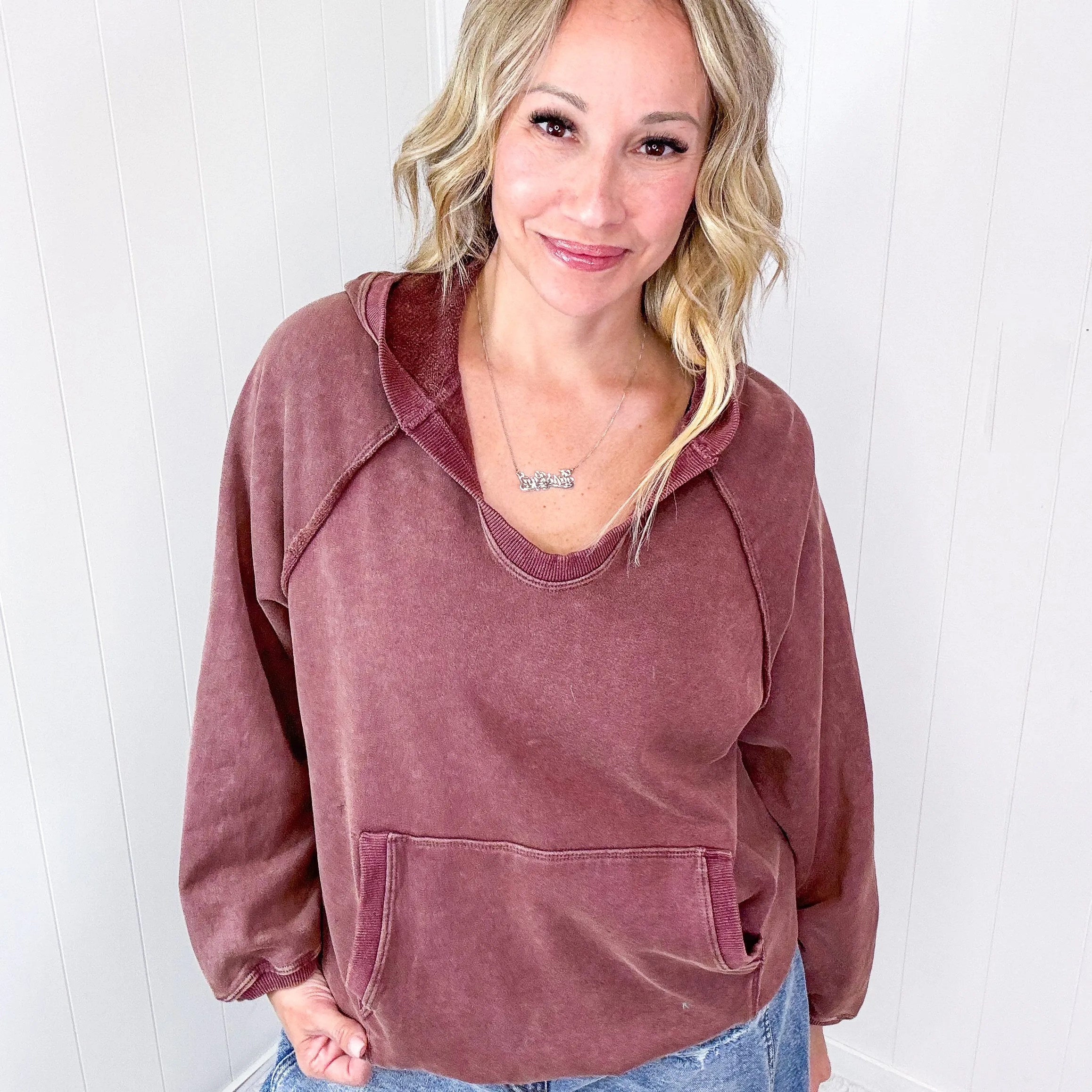 Street Chic Open V Neckline Terry Pullover Hoodie in 3 Options