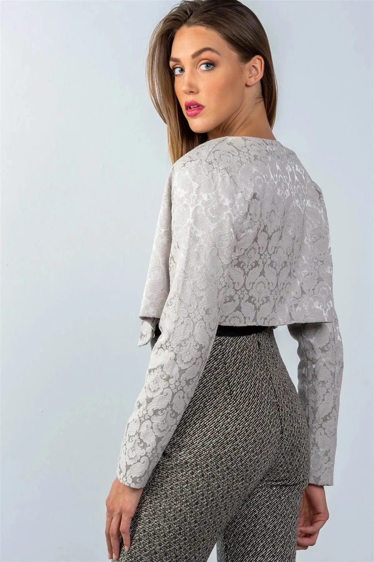 Taupe Paisley Textured Cropped Blazer / 2-2-2