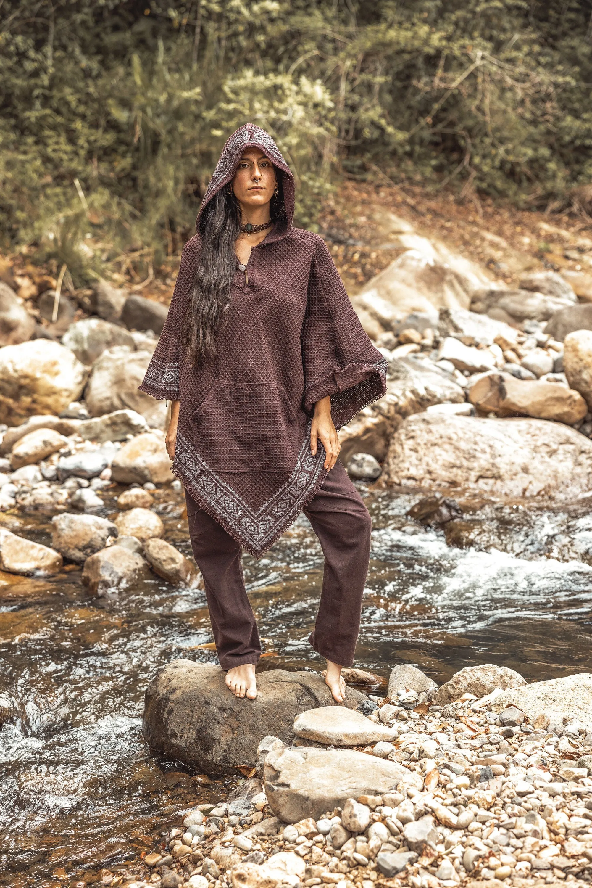 VECHO Brown Womens Hooded Vegan Poncho Textured Cotton with Hood Block Printed Tribal Pattern Gypsy Festival Boho ceremony ritual AJJAYA