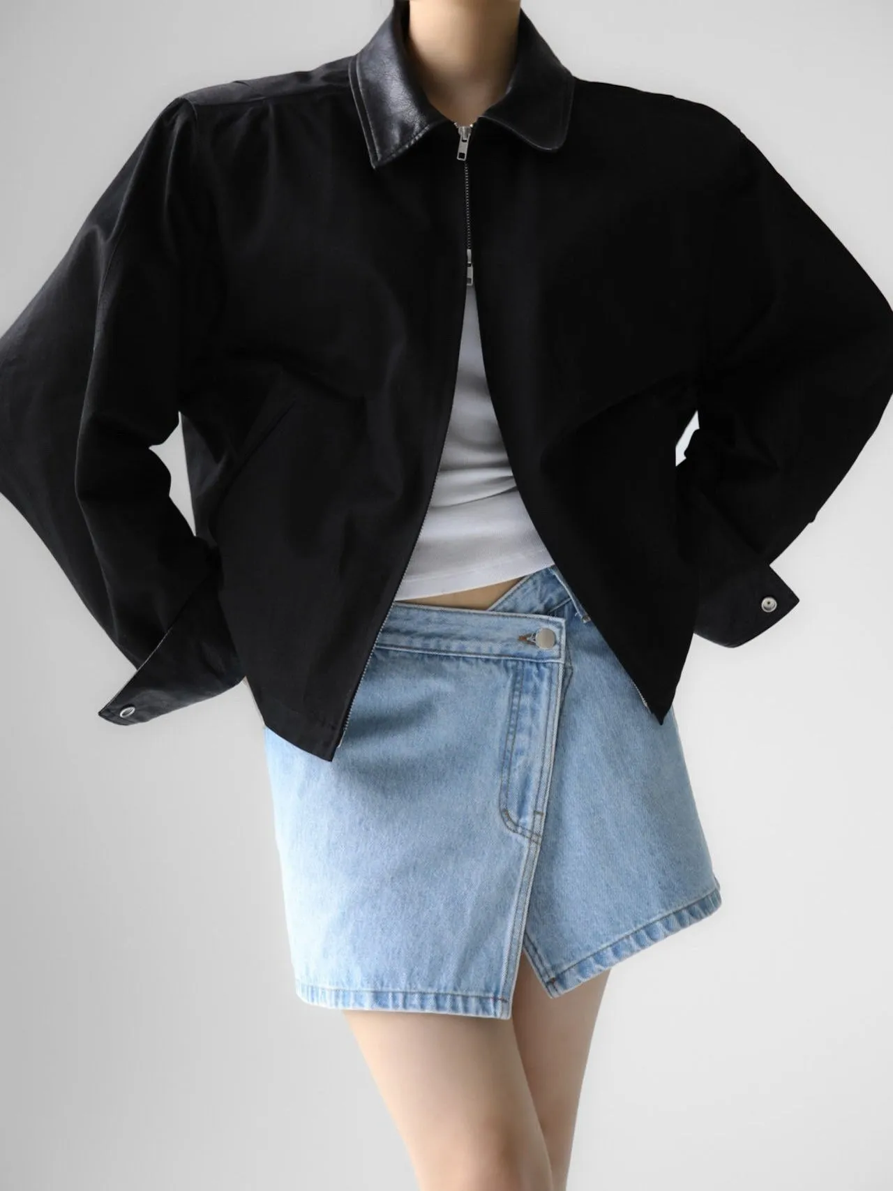 VEGAN LEATHER COLLAR BI-COLOR COTTON BLOUSON