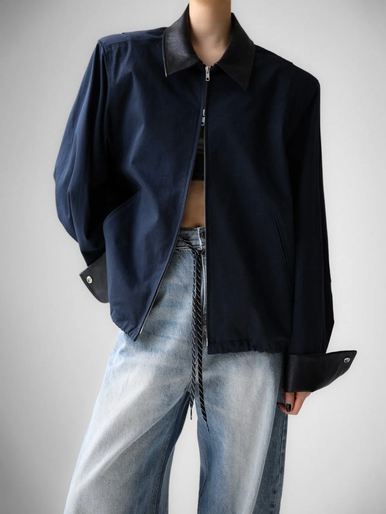 VEGAN LEATHER COLLAR BI-COLOR COTTON BLOUSON