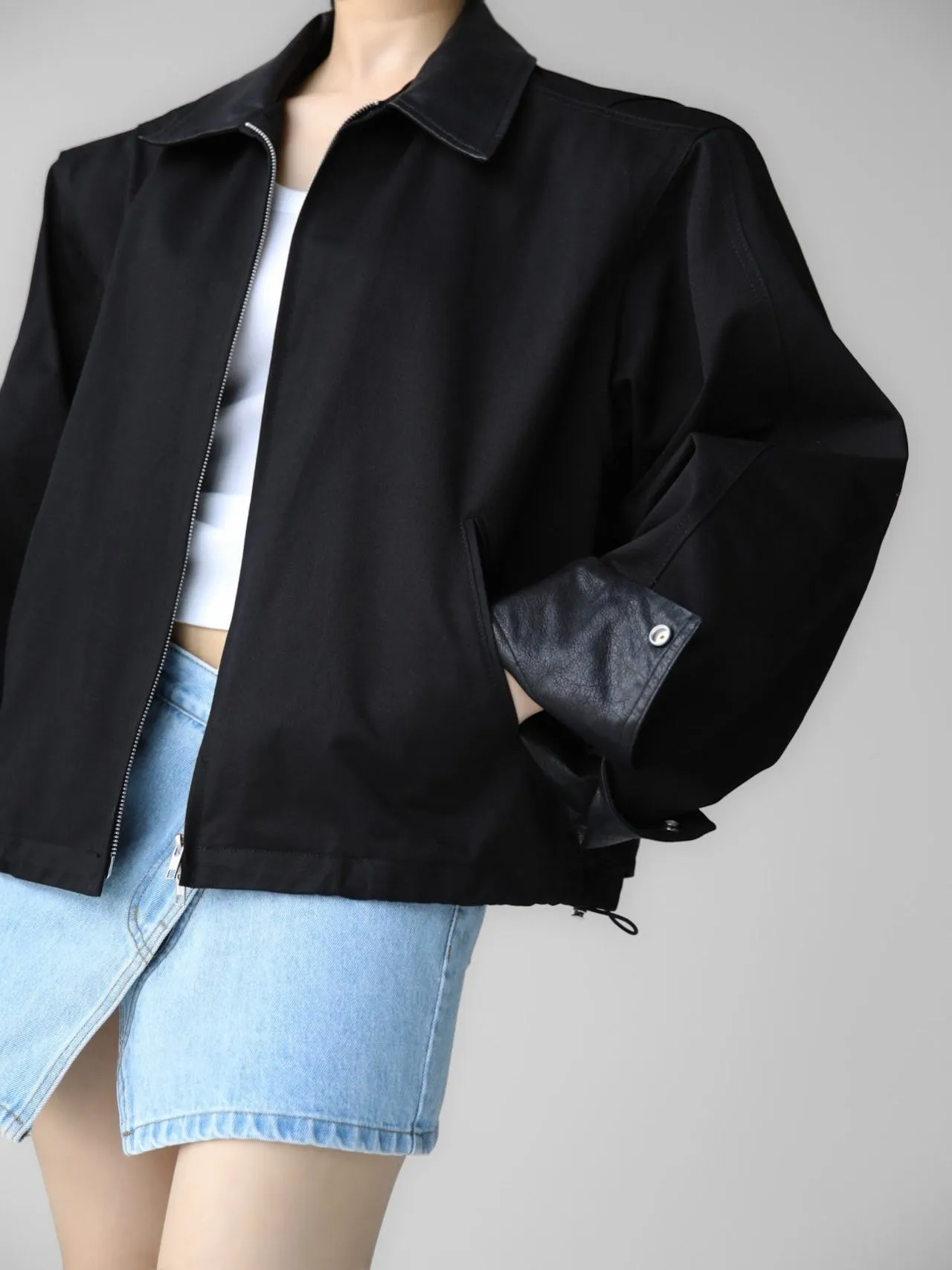 VEGAN LEATHER COLLAR BI-COLOR COTTON BLOUSON