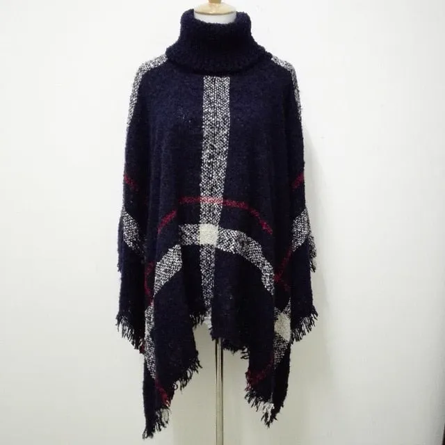 VenusFox Fashion Winter Wool Plaid Knitting Poncho 7 Colors