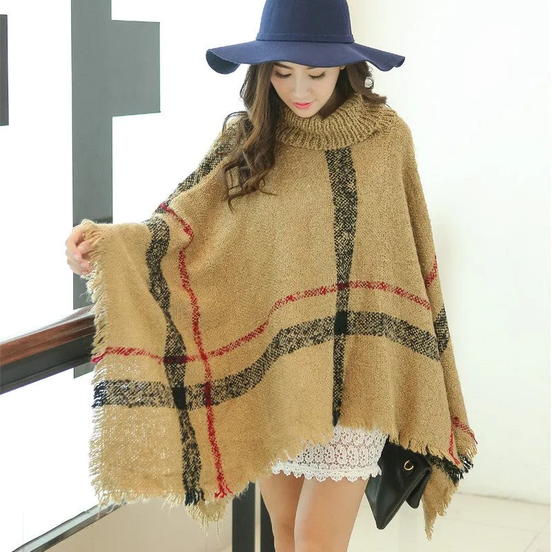 VenusFox Fashion Winter Wool Plaid Knitting Poncho 7 Colors