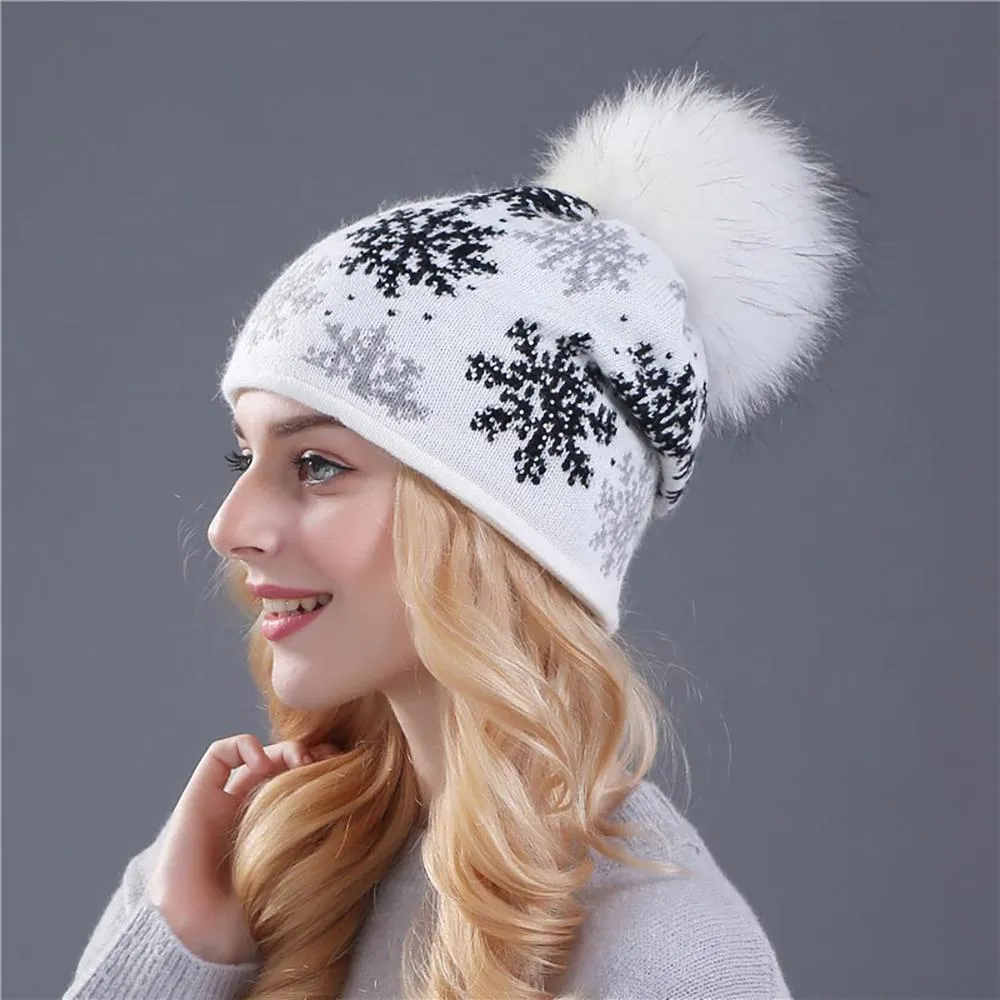 Winter Snowflakes Beanie Hat with Pom Pom