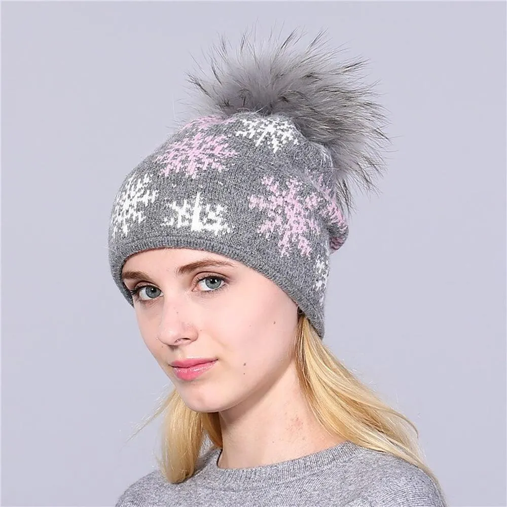 Winter Snowflakes Beanie Hat with Pom Pom