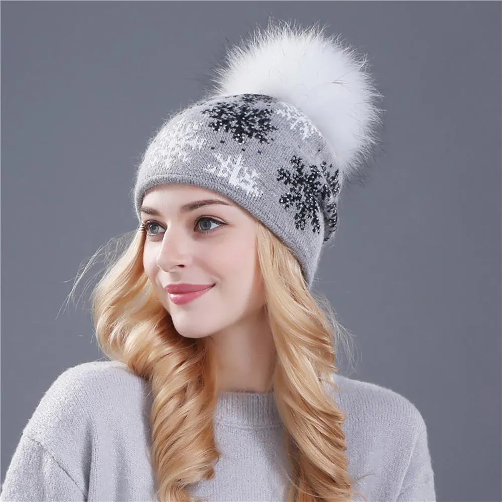 Winter Snowflakes Beanie Hat with Pom Pom