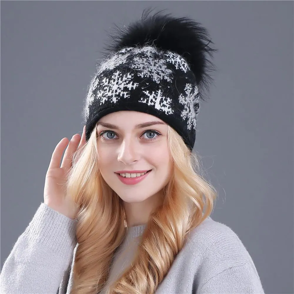 Winter Snowflakes Beanie Hat with Pom Pom