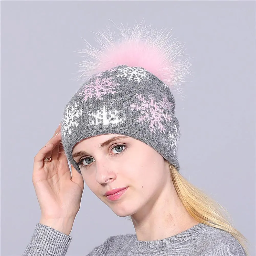 Winter Snowflakes Beanie Hat with Pom Pom