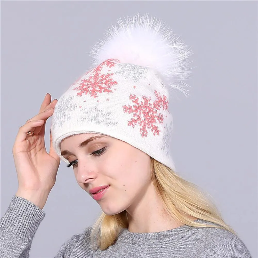 Winter Snowflakes Beanie Hat with Pom Pom