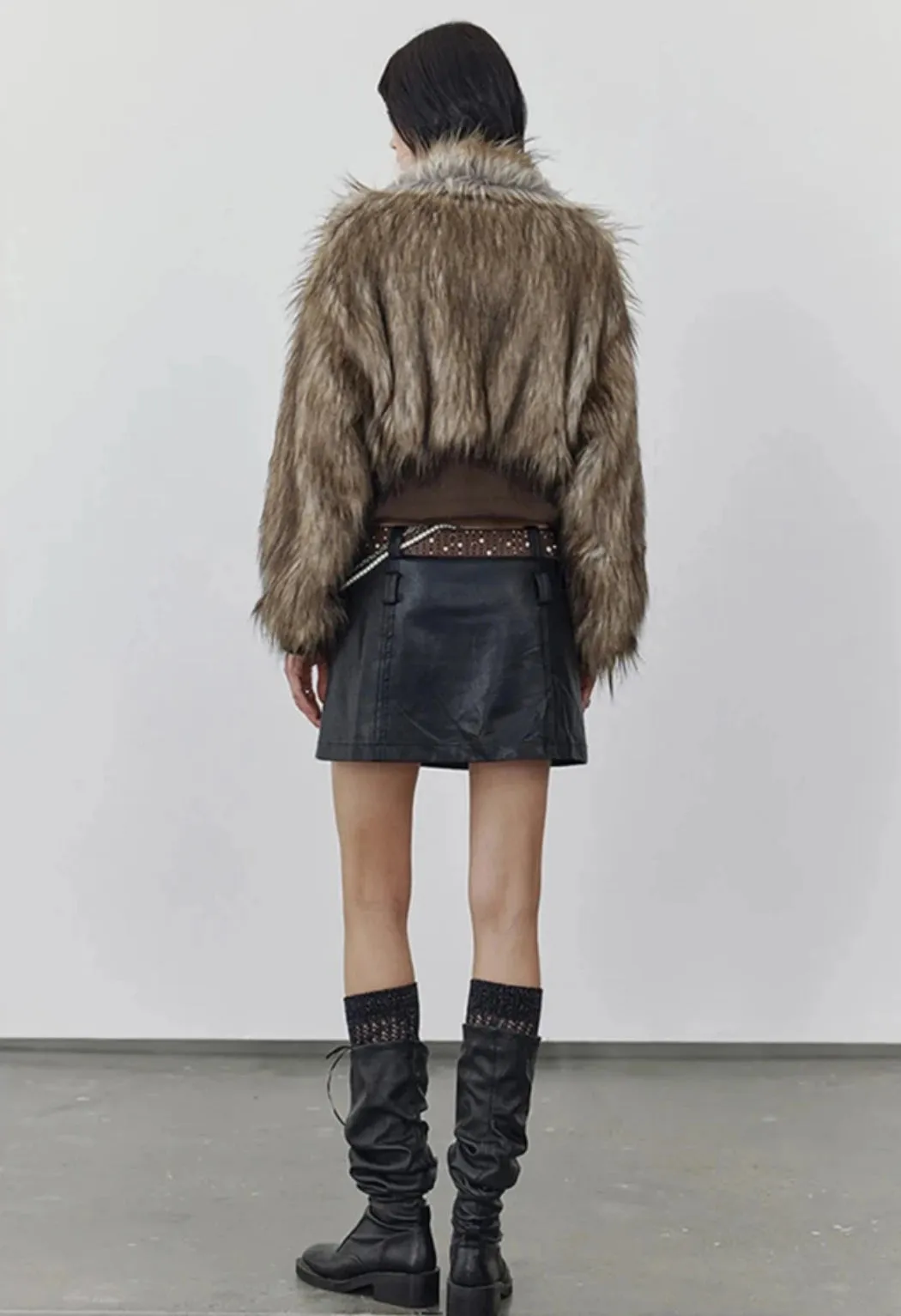 Women's Brown Shaggy Faux Fur Cropped Jacket