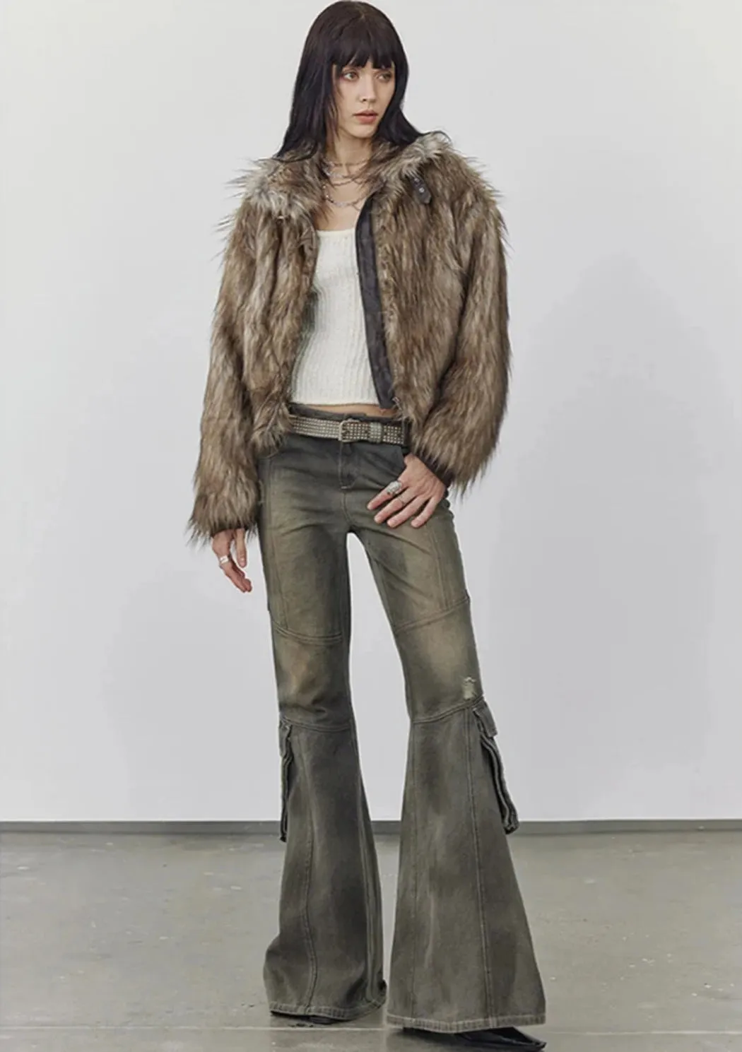 Women's Brown Shaggy Faux Fur Cropped Jacket