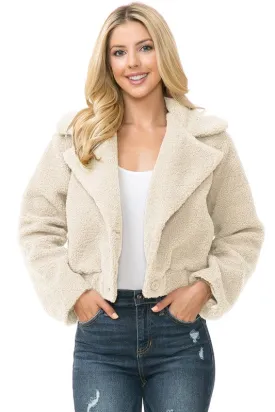 Women's Faux Fur Cropped Ivory Teddy Jacket