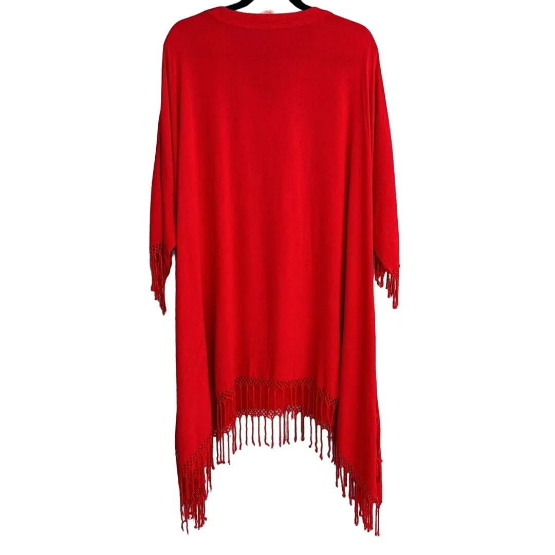 Women's Red Boho Flowy Prairie Batwing Sleeve V Neck Fringed Poncho Shawl - OS