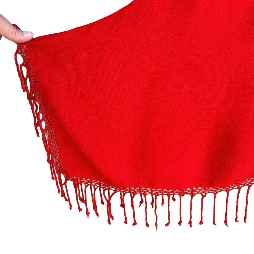 Women's Red Boho Flowy Prairie Batwing Sleeve V Neck Fringed Poncho Shawl - OS