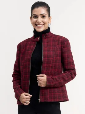 Wool Blend Houndstooth Jacket - Red