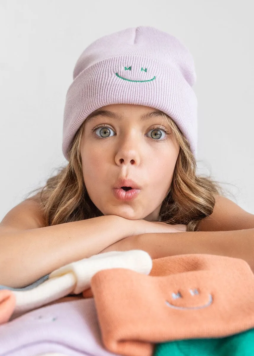 Youth Mad Hatter Smiley Cuff Beanie - Lavender/Kelly Green