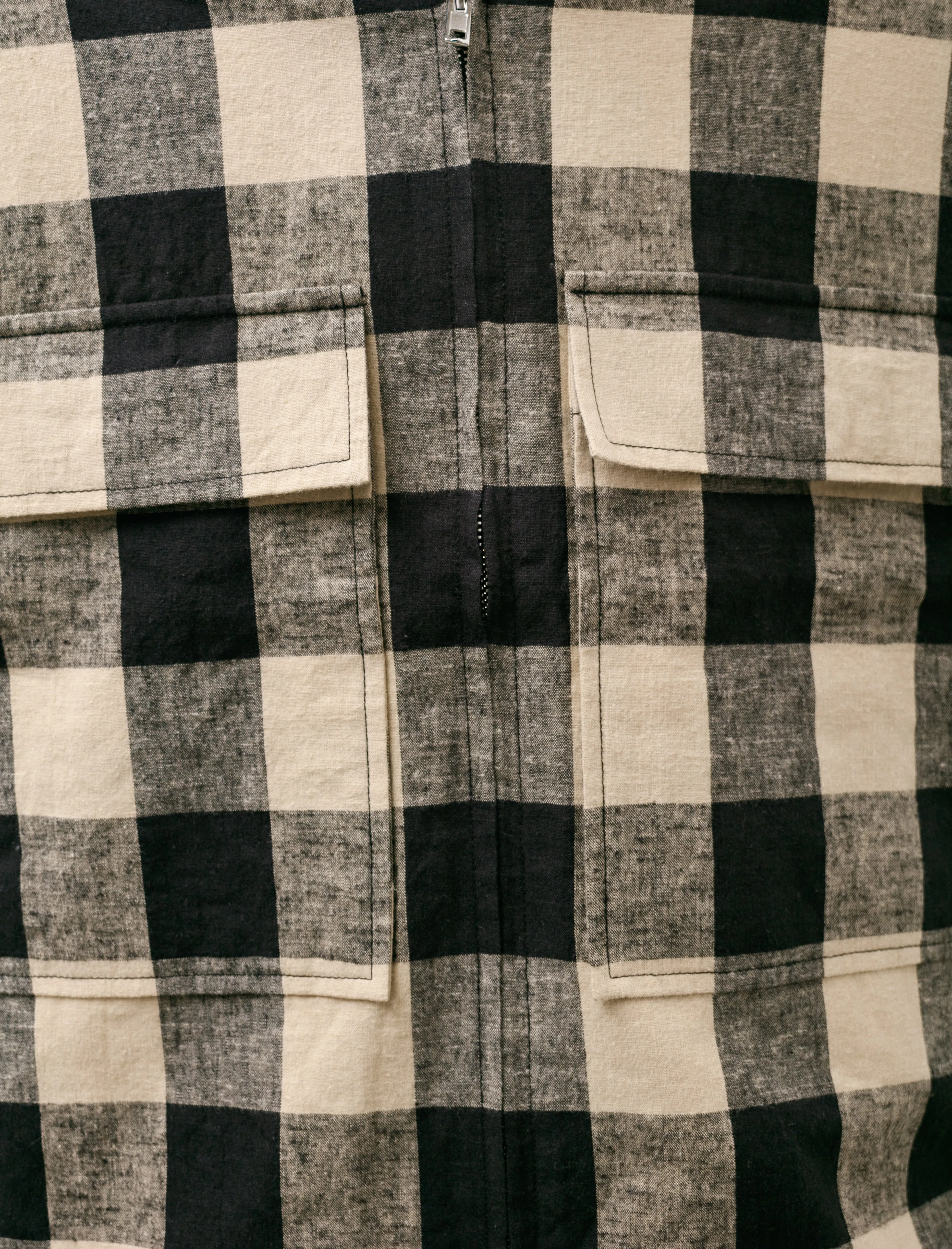 Zip Jacket Cotton Linen Check Tan Black