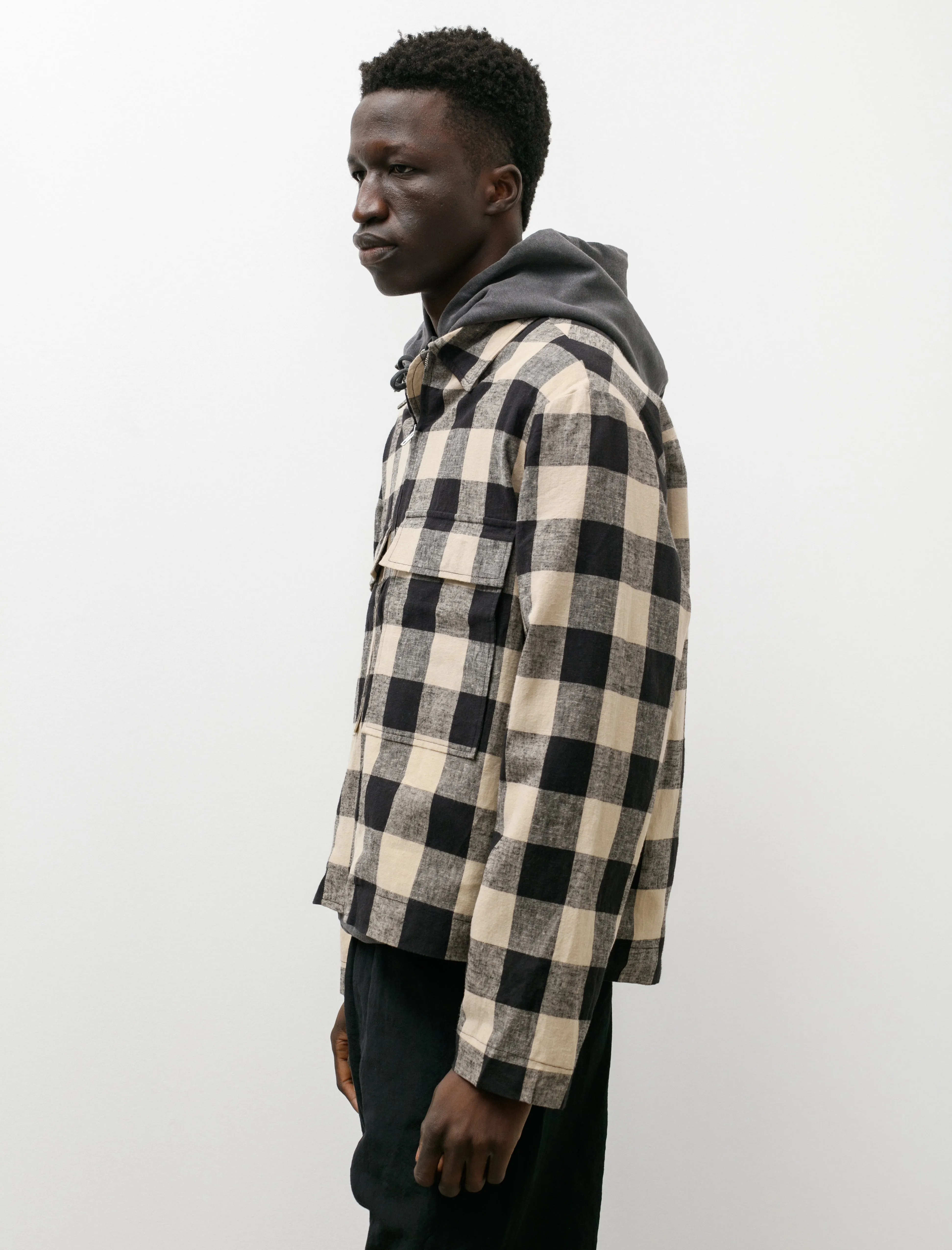 Zip Jacket Cotton Linen Check Tan Black