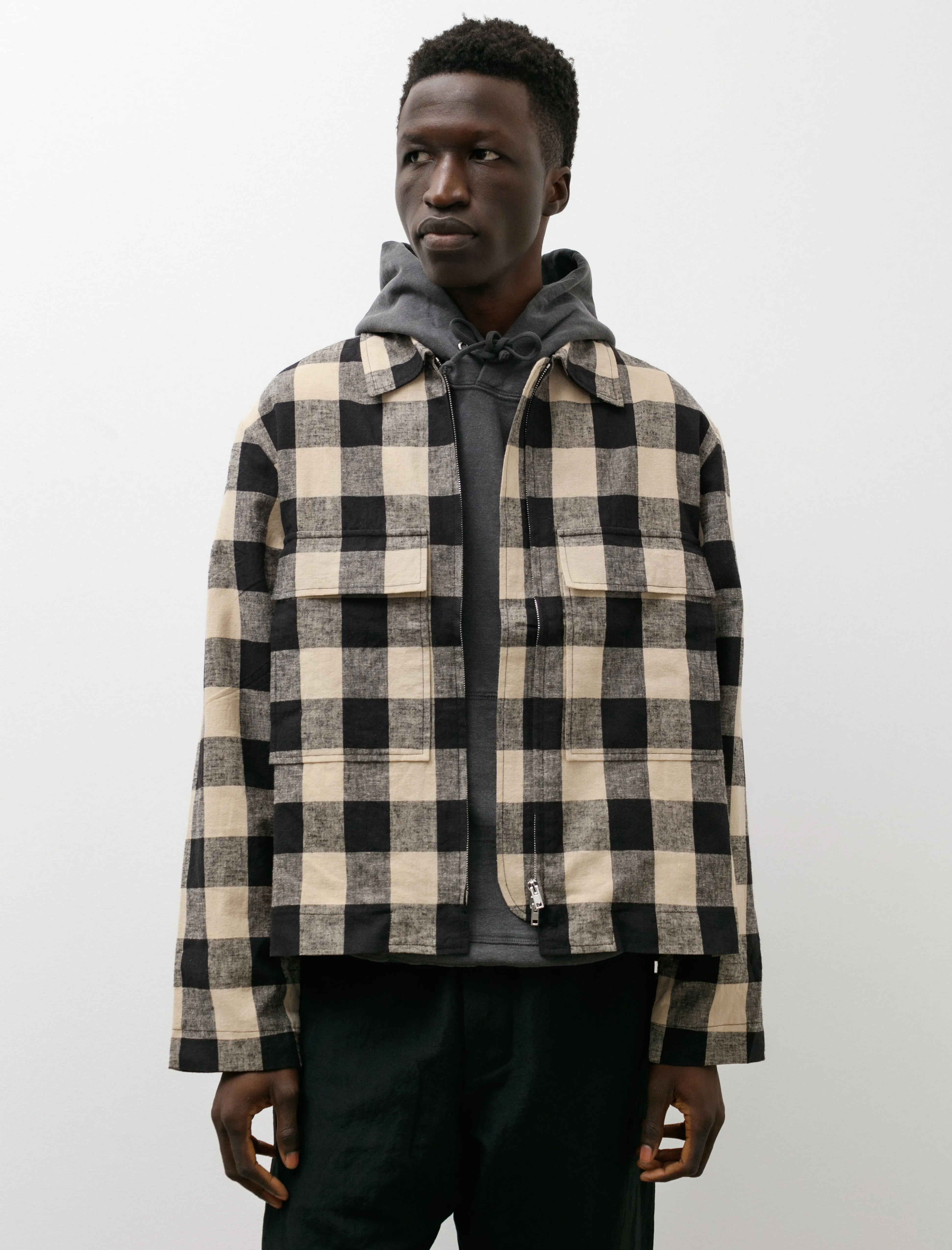 Zip Jacket Cotton Linen Check Tan Black